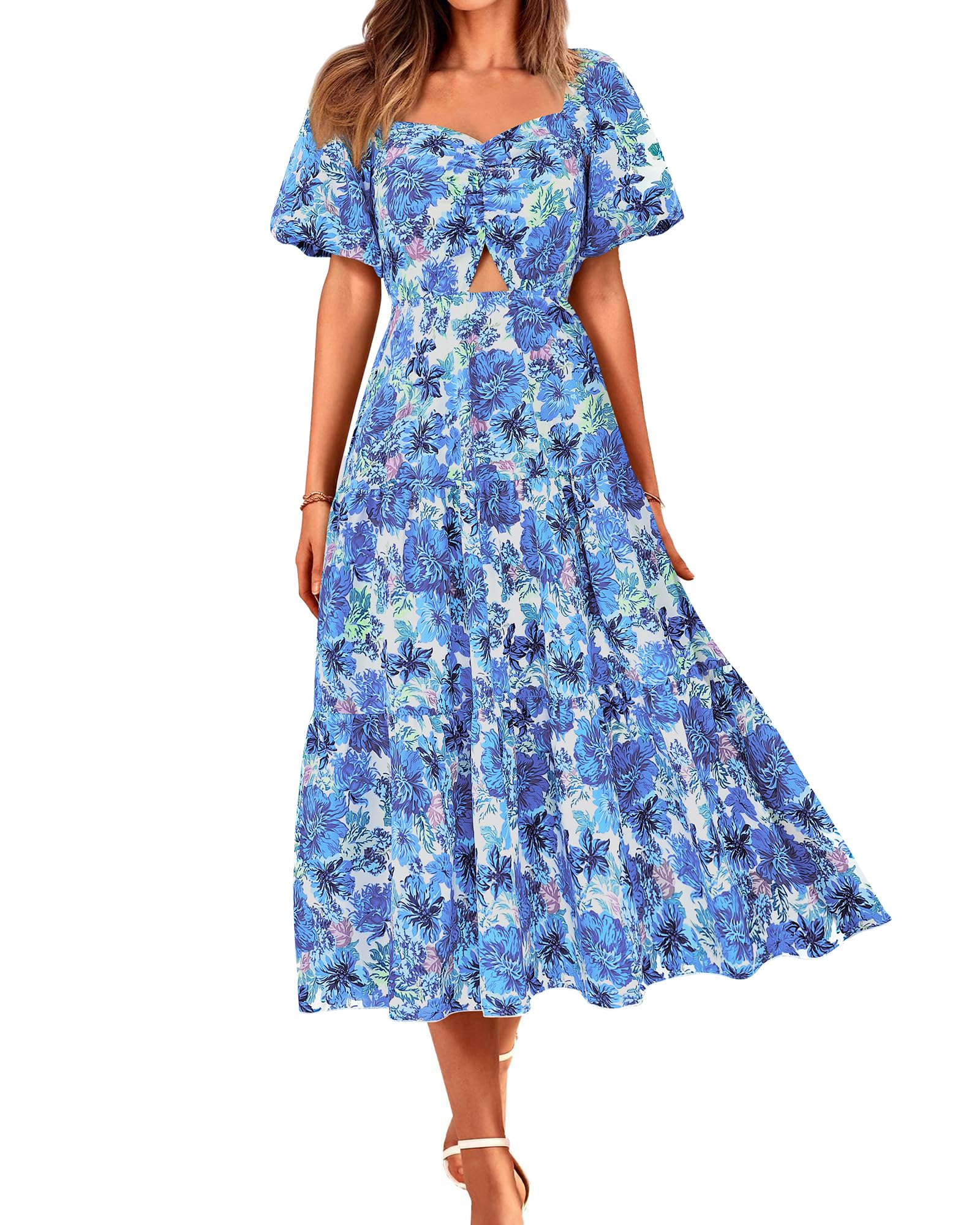 BTFBM Summer Dresses for Women 2026 Spring Outfits Beach Vacation Short Sleeve Smocked Boho Casual Floral Maxi Dress