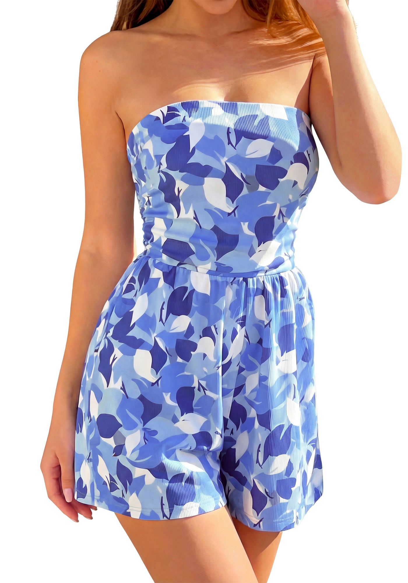 BTFBM Romper For Women 2026 Spring Strapless Printed Tube Boho Wide Leg Beach Short Jumpsuit Summer Date Night Rompers