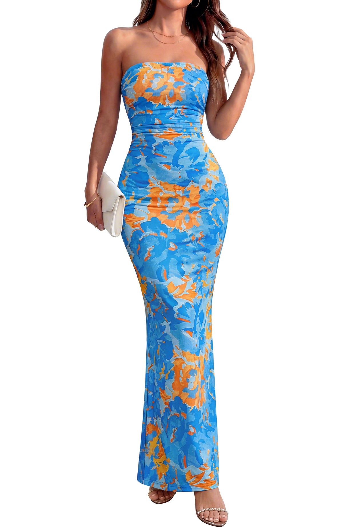 BTFBM Women Summer Strapless Maxi Dress 2026 Bodycon Floral Long Wedding Guest Dress Formal Tube Mesh Cocktail Dresses