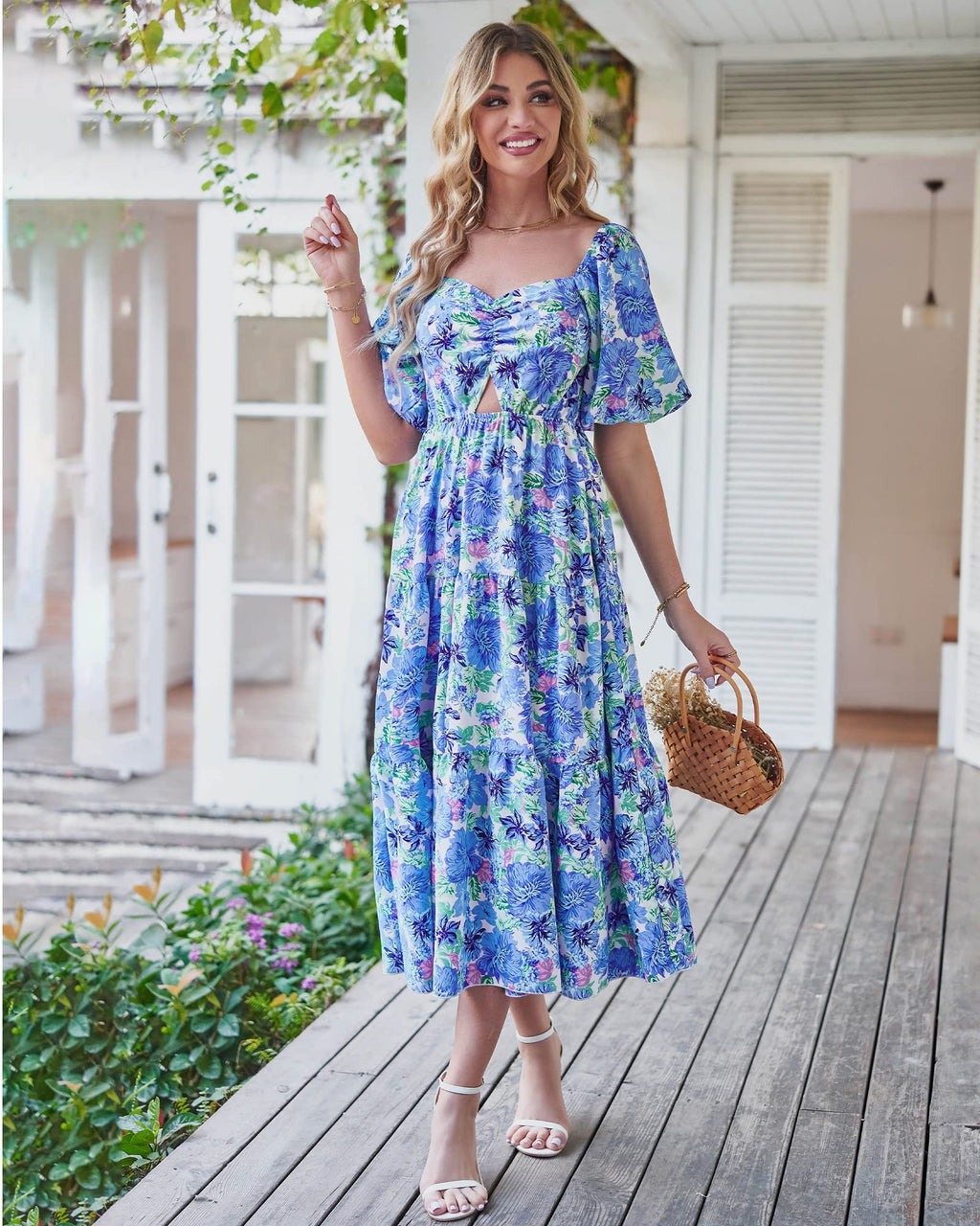 BTFBM Summer Dresses for Women 2026 Spring Outfits Beach Vacation Short Sleeve Smocked Boho Casual Floral Maxi Dress