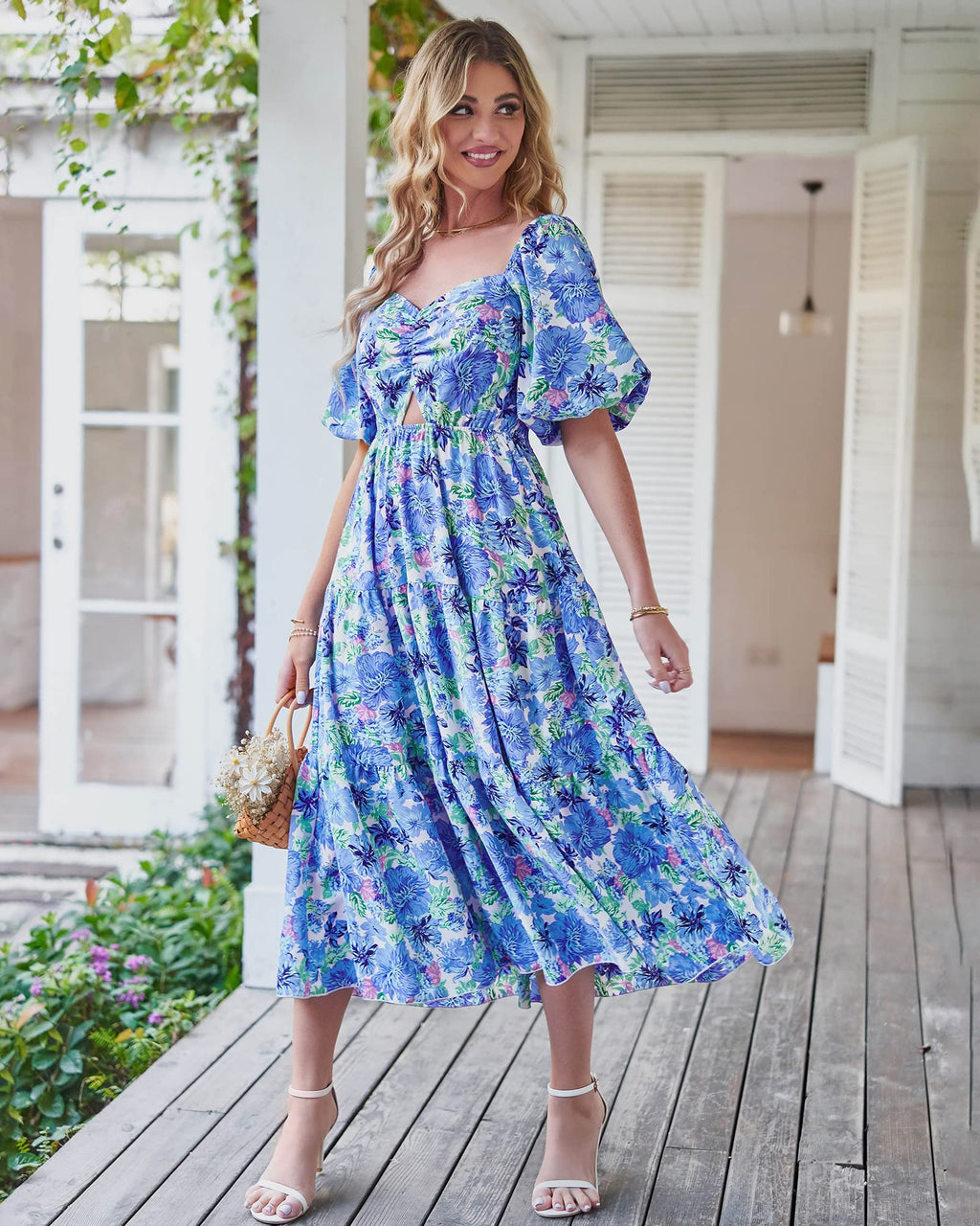 BTFBM Summer Dresses for Women 2026 Spring Outfits Beach Vacation Short Sleeve Smocked Boho Casual Floral Maxi Dress