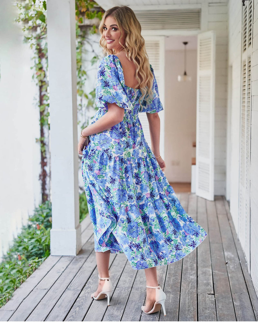 BTFBM Summer Dresses for Women 2026 Spring Outfits Beach Vacation Short Sleeve Smocked Boho Casual Floral Maxi Dress