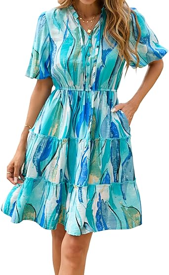BTFBM Women Summer Floral Short Dresses V Neck Short Sleeve Tiered Ruffle Boho Swing Dress A-Line Mini Dresses