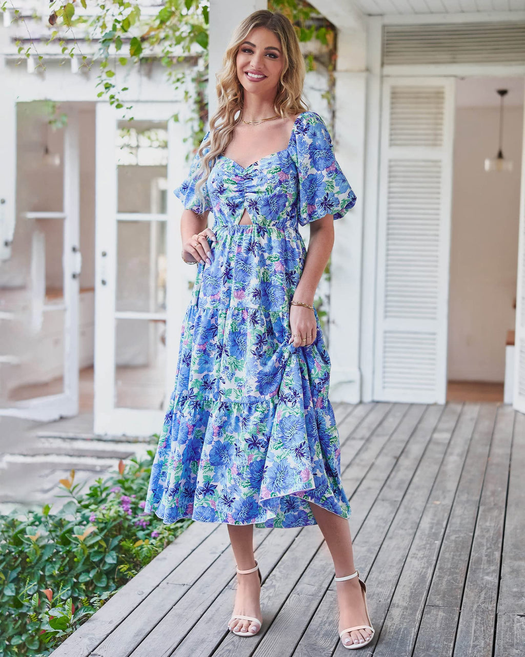 BTFBM Summer Dresses for Women 2026 Spring Outfits Beach Vacation Short Sleeve Smocked Boho Casual Floral Maxi Dress