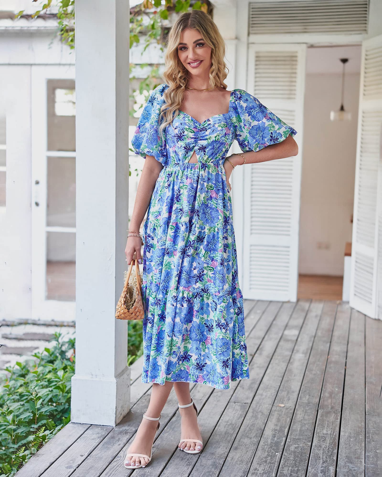 BTFBM Summer Dresses for Women 2026 Spring Outfits Beach Vacation Short Sleeve Smocked Boho Casual Floral Maxi Dress