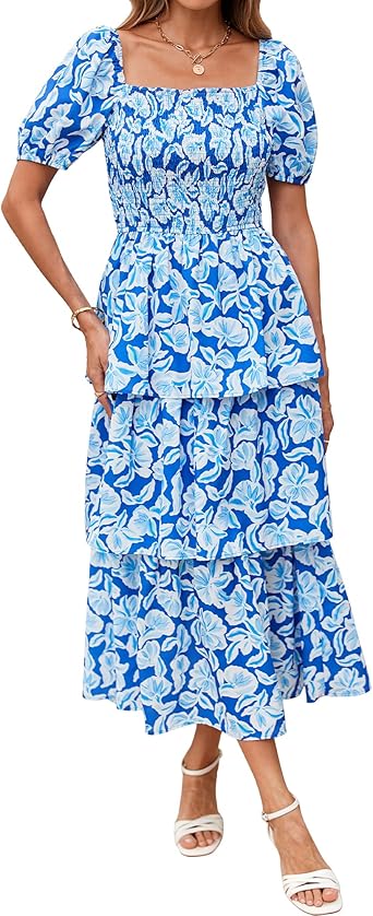 BTFBM Womens Square Neck Smocked Dress Summer Puff Short Sleeve Floral Casual Ruffle Tiered Maxi Wedding Guest Dresses