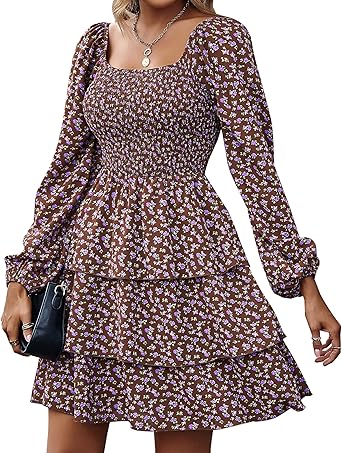 BTFBM Womens Long Sleeve Dress Vacation Square Neck Smocked Floral Swiss Dot Mini Boho Spring Wedding Guest Dresses 2026