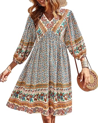 BTFBM Women Casual Spring Summer Dresses V Neck 3/4 Long Sleeve Ruffle Floral Flowy Boho Babydoll Mini Short Beach Dress