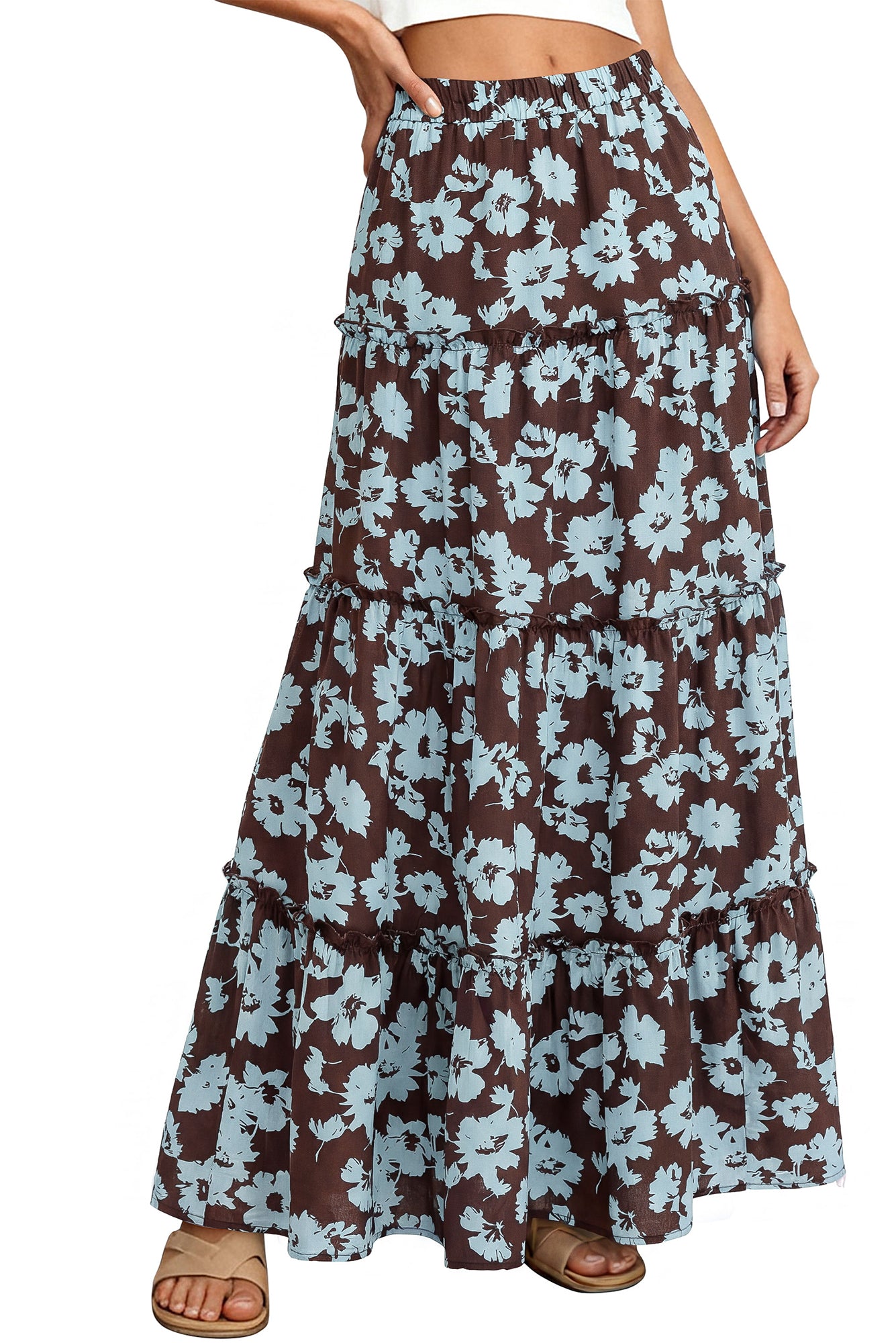 BTFBM Floral Maxi Skirts for Women Summer Spring 2026 Elastic Waist Tiered Flowy Beach Vacation Boho Midi Long Skirt