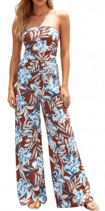 BTFBM Jumpsuits For Women Casual 2026 Floral Strapless Jumpsuit Wide Leg Rompers Beach Vacation Clothes Summer Outfits