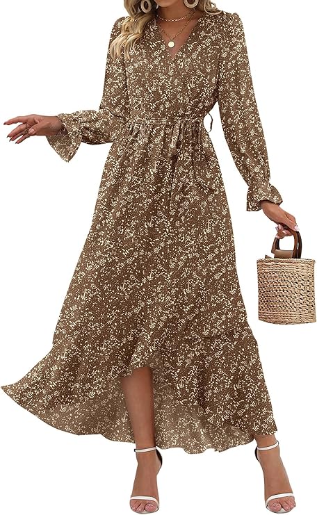 BTFBM Womens Dresses Summer 2026 V Neck Floral High Waist Ruffle Wedding Guest Cocktail Boho Spring Long Sleeve Dress