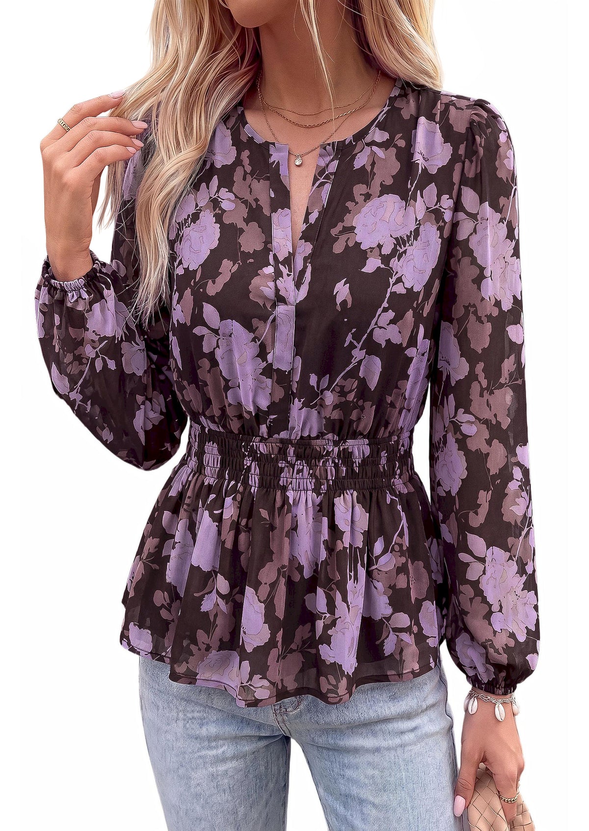 BTFBM Womens Tops Dressy Casual Floral V Neck Long Sleeve Chiffon Shirts | Chiffon Lantern Sleeve Flowy Peplum Sheer Top,Elastic Waist Babydoll Blouses,Boho Vacation Outfits,2026 Fall Fashion Clothing
