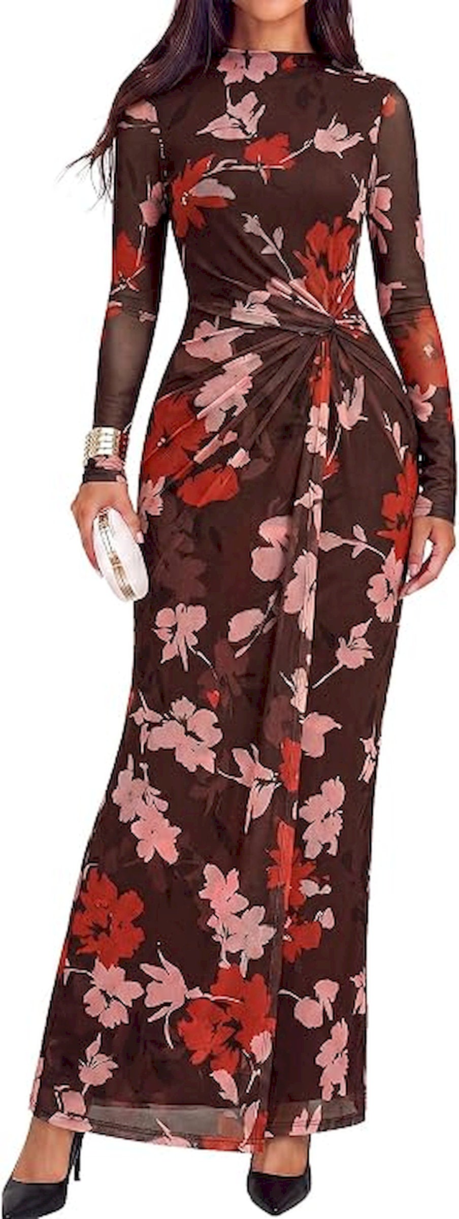 BTFBM Cocktail Dresses for Women Fall Fashion 2026 | Mock Neck, Floral, Sheer Mesh, Long Sleeve, Ruched, Twist Knot, Slit, Graduation,Baby Shower, Maxi Formal Wedding Guest Dress