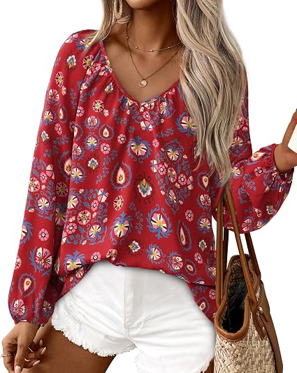 BTFBM Womens Tops Long Sleeve Loose Boho Floral Satin Blouse  V Neck Tshirt, Floral Print, Lightweight Soft Satin Fabric, Cute Casual, Trendy Fashion 2026, Spring Winter Fall Clothes