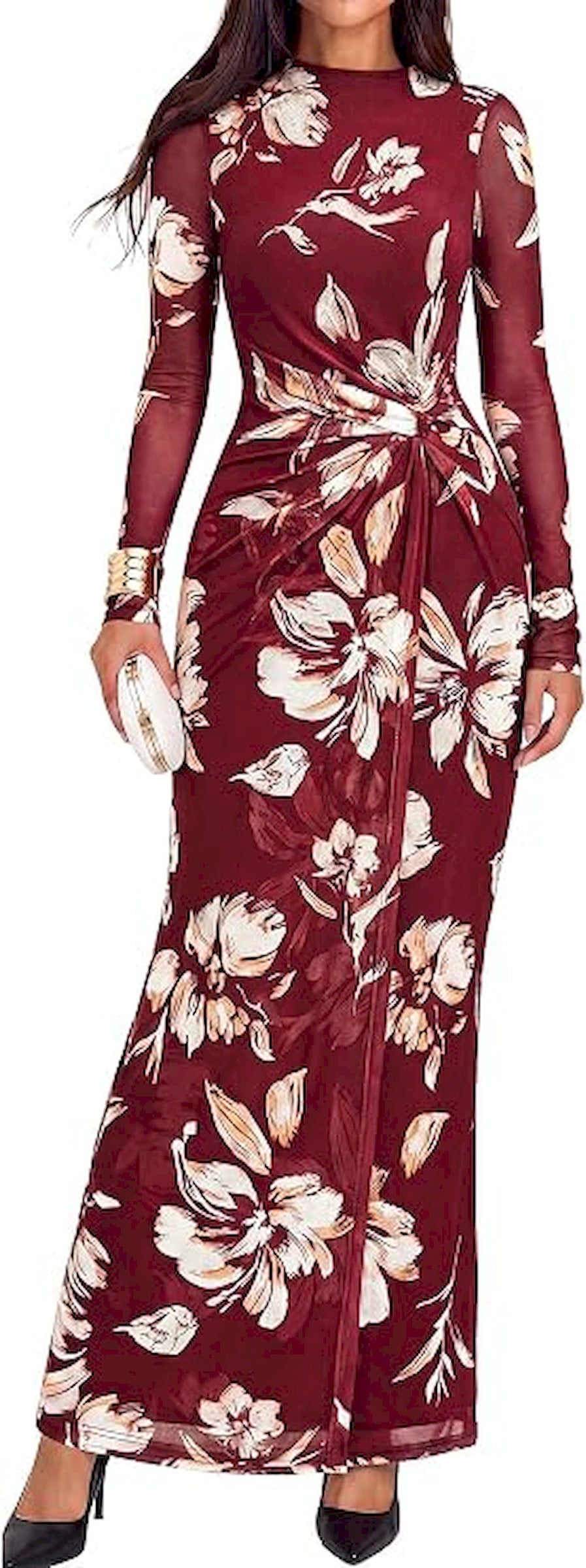 BTFBM Cocktail Dresses for Women Fall Fashion 2026 | Mock Neck, Floral, Sheer Mesh, Long Sleeve, Ruched, Twist Knot, Slit, Graduation,Baby Shower, Maxi Formal Wedding Guest Dress