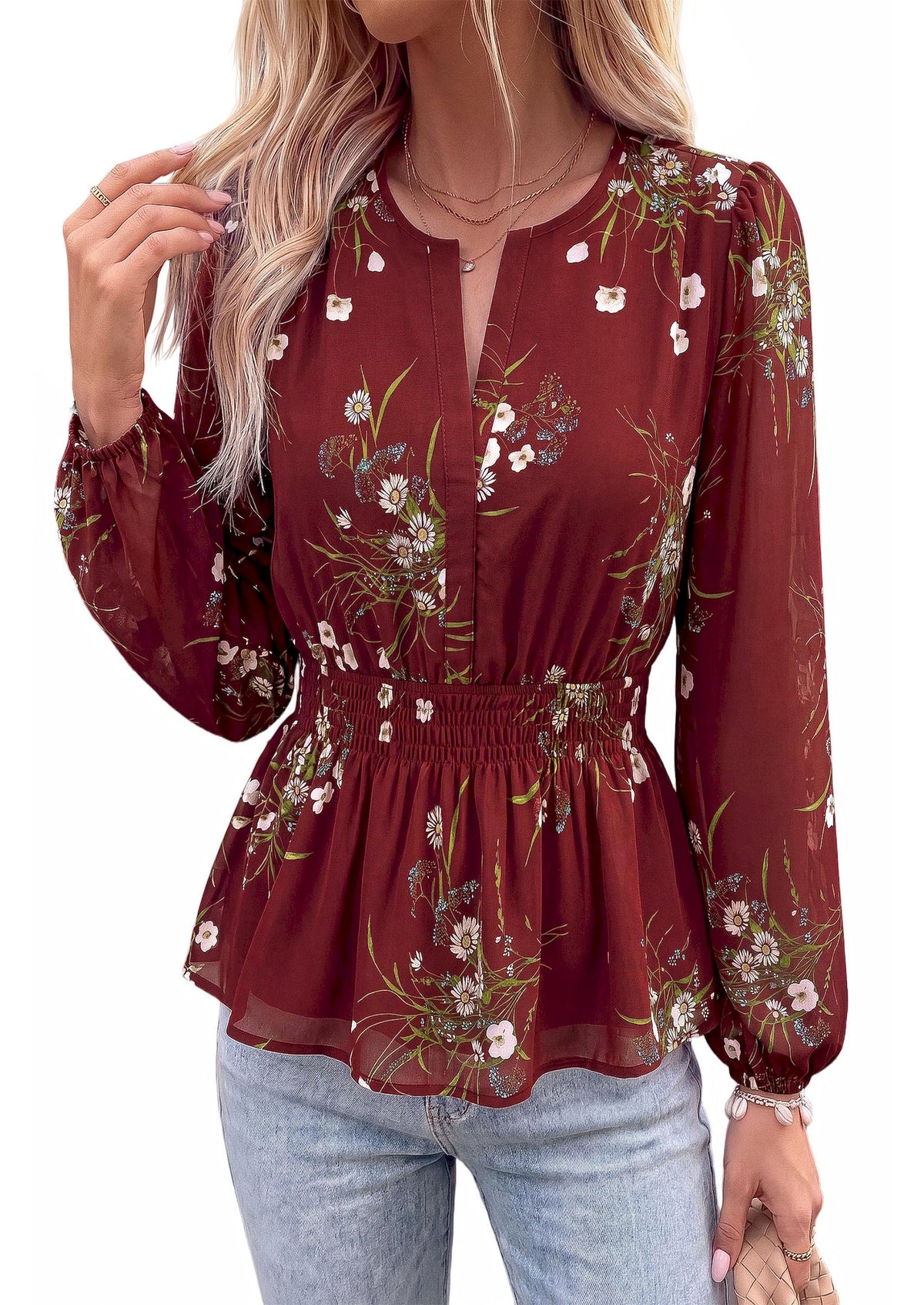 BTFBM Womens Tops Dressy Casual Floral V Neck Long Sleeve Chiffon Shirts | Chiffon Lantern Sleeve Flowy Peplum Sheer Top,Elastic Waist Babydoll Blouses,Boho Vacation Outfits,2026 Fall Fashion Clothing