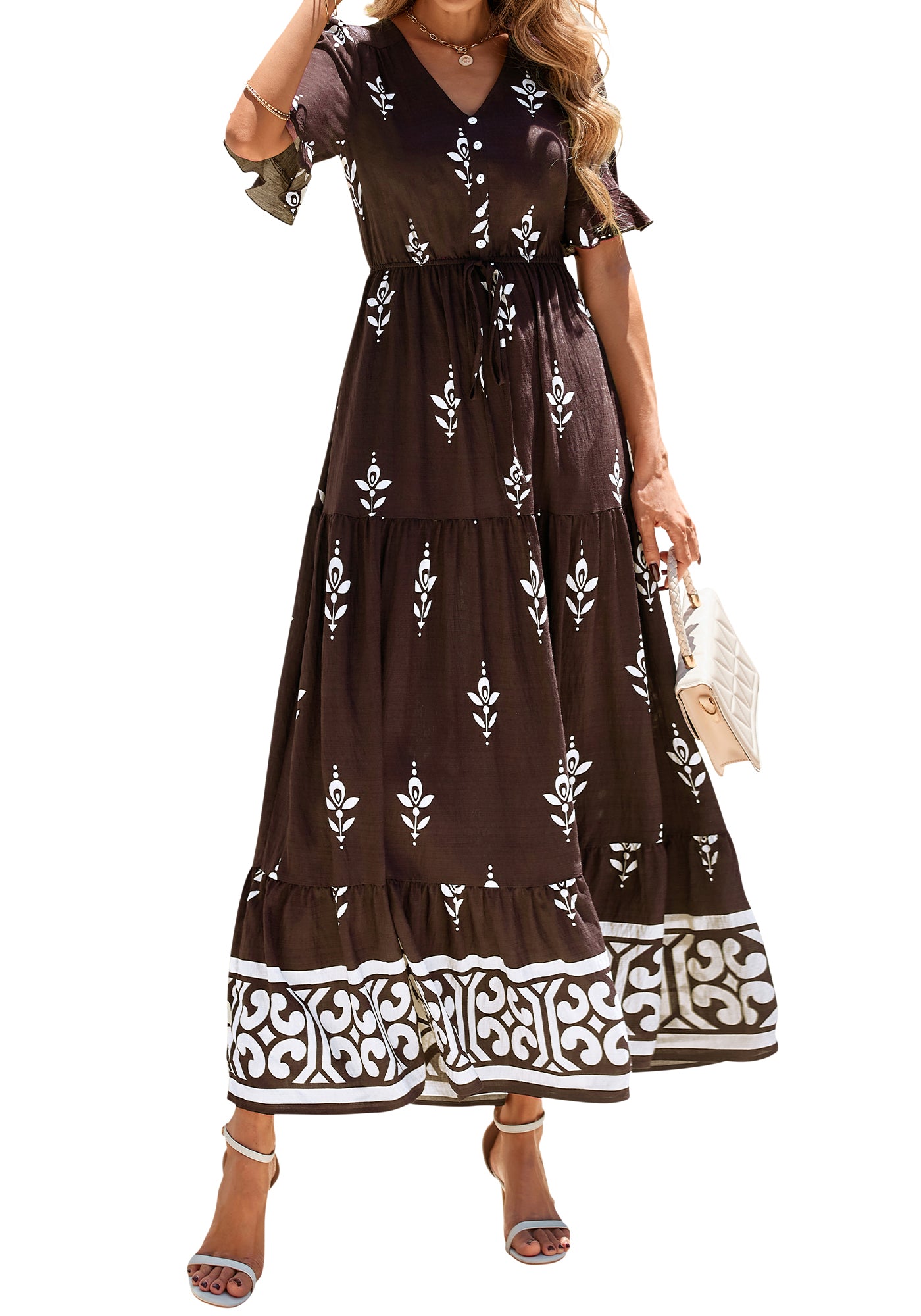 BTFBM Boho Dresses for Women 2026 Summer Spring Casual Floral Short Sleeve V Neck Flowy A-Line Maxi Party Dress Pockets