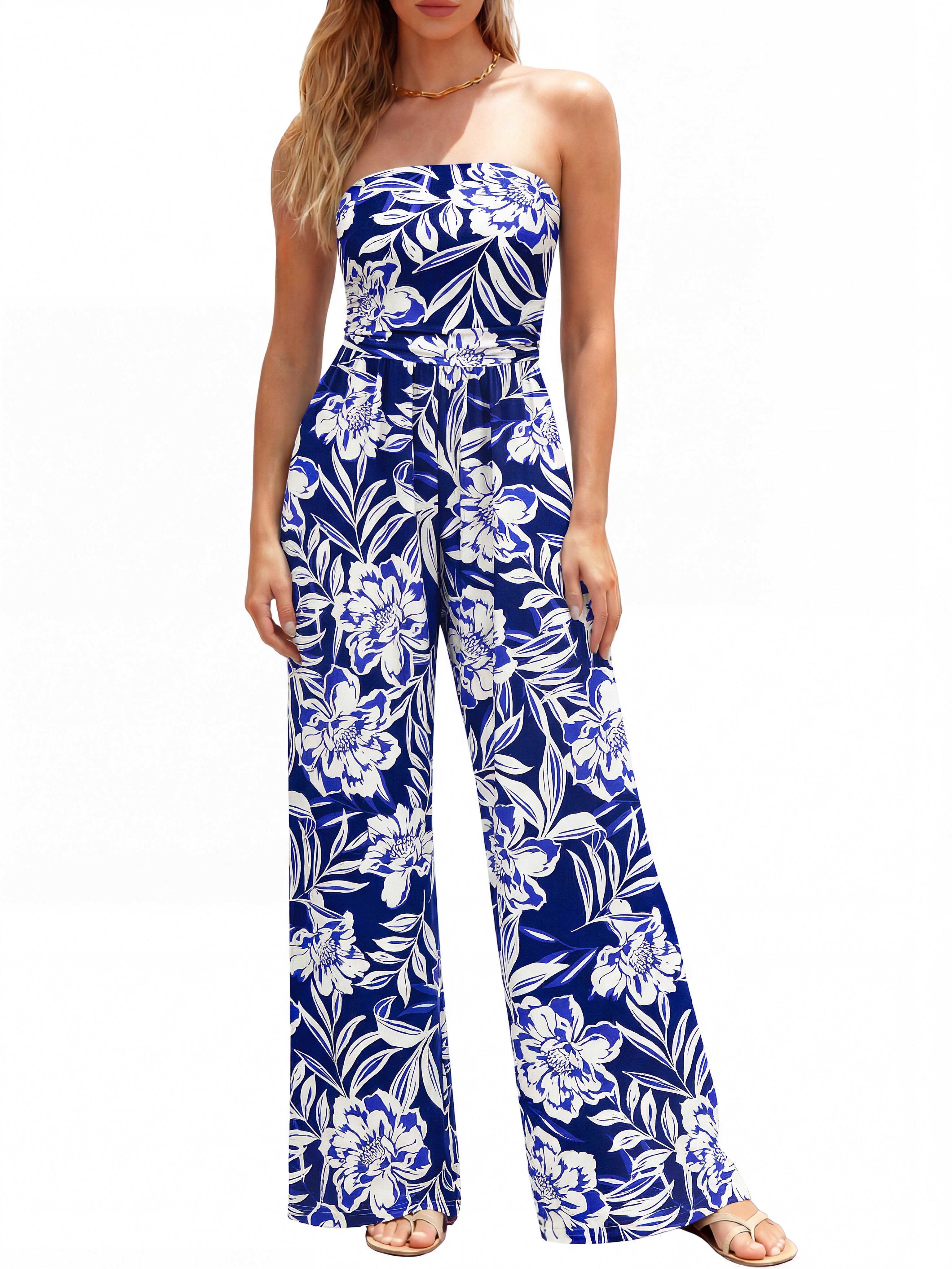 BTFBM Jumpsuits For Women Casual 2026 Floral Strapless Jumpsuit Wide Leg Rompers Beach Vacation Clothes Summer Outfits