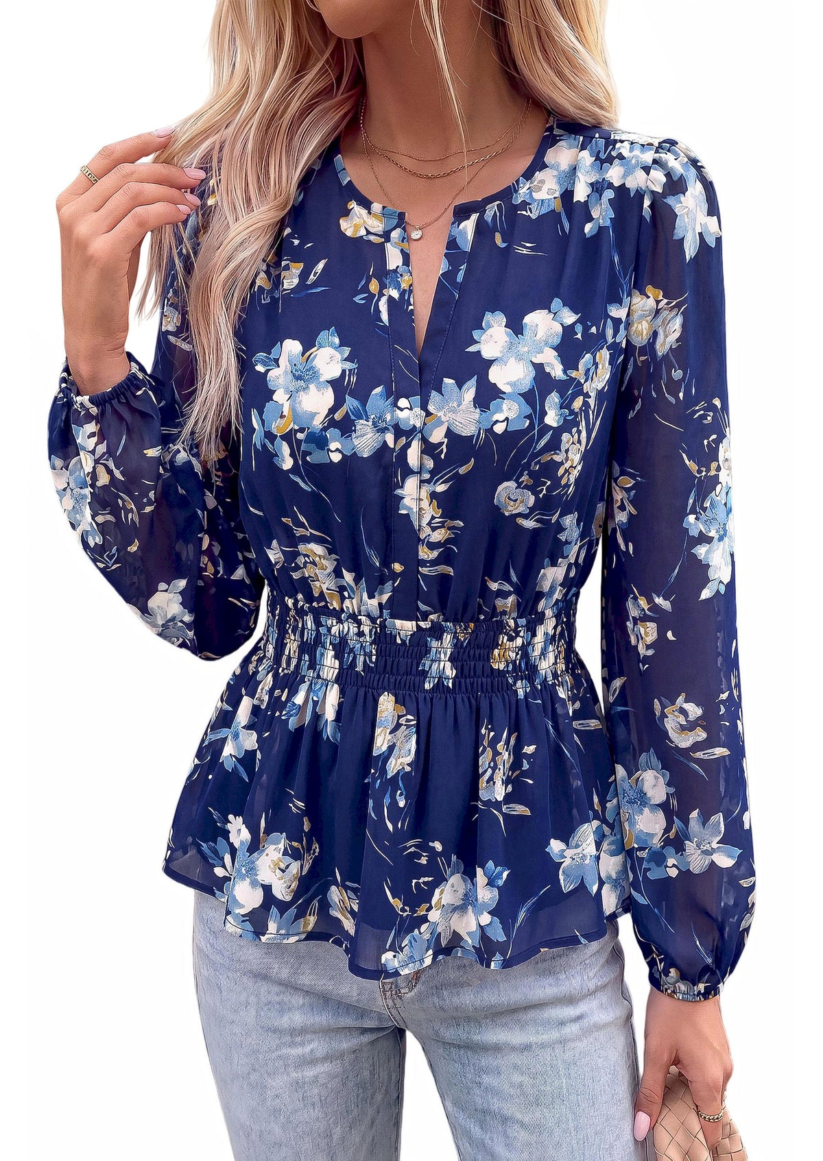 BTFBM Womens Tops Dressy Casual Floral V Neck Long Sleeve Chiffon Shirts | Chiffon Lantern Sleeve Flowy Peplum Sheer Top,Elastic Waist Babydoll Blouses,Boho Vacation Outfits,2026 Fall Fashion Clothing