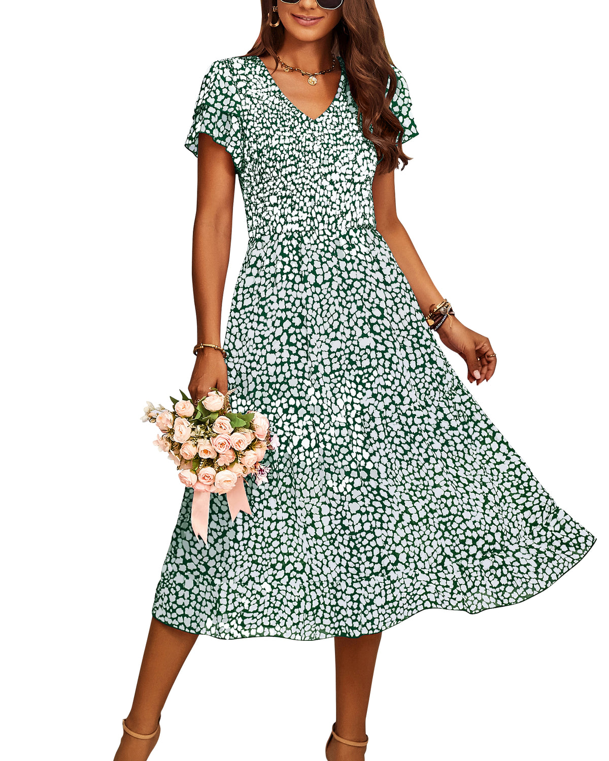 BTFBM Women Casual Summer Dresses Wedding Guest Dress  Ruffles Tiered Sleeves, Smocked,V Neck,Midi,Boho Dress,Floral,Solid,Homecoming,Cocktail,Party,Beach Vacation Clothes