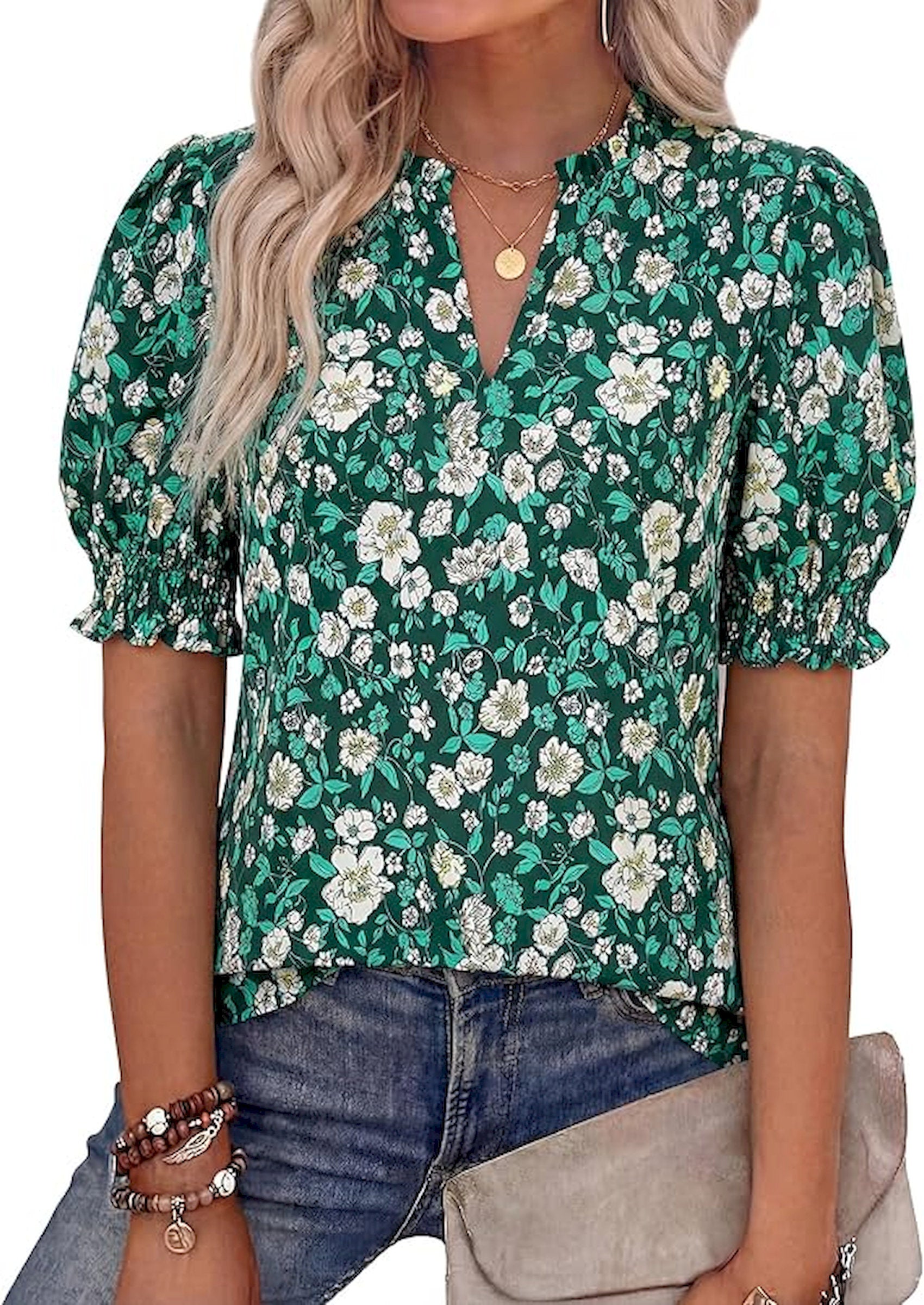 BTFBM Summer Blouses for Women Dressy Casual 2026 Fashion Spring Tops Floral Boho V Neck Puff Short Sleeve Top Shirts