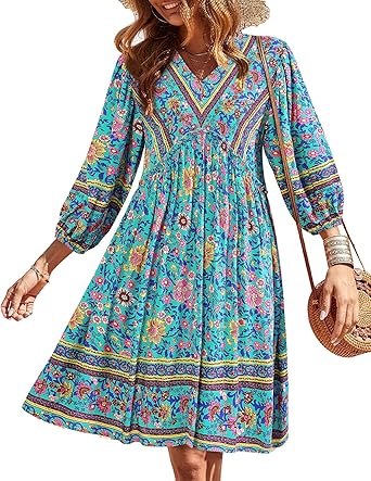 BTFBM Women Casual Spring Summer Dresses V Neck 3/4 Long Sleeve Ruffle Floral Flowy Boho Babydoll Mini Short Beach Dress