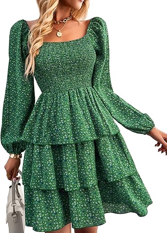 BTFBM Womens Long Sleeve Dress Vacation Square Neck Smocked Floral Swiss Dot Mini Boho Spring Wedding Guest Dresses 2026