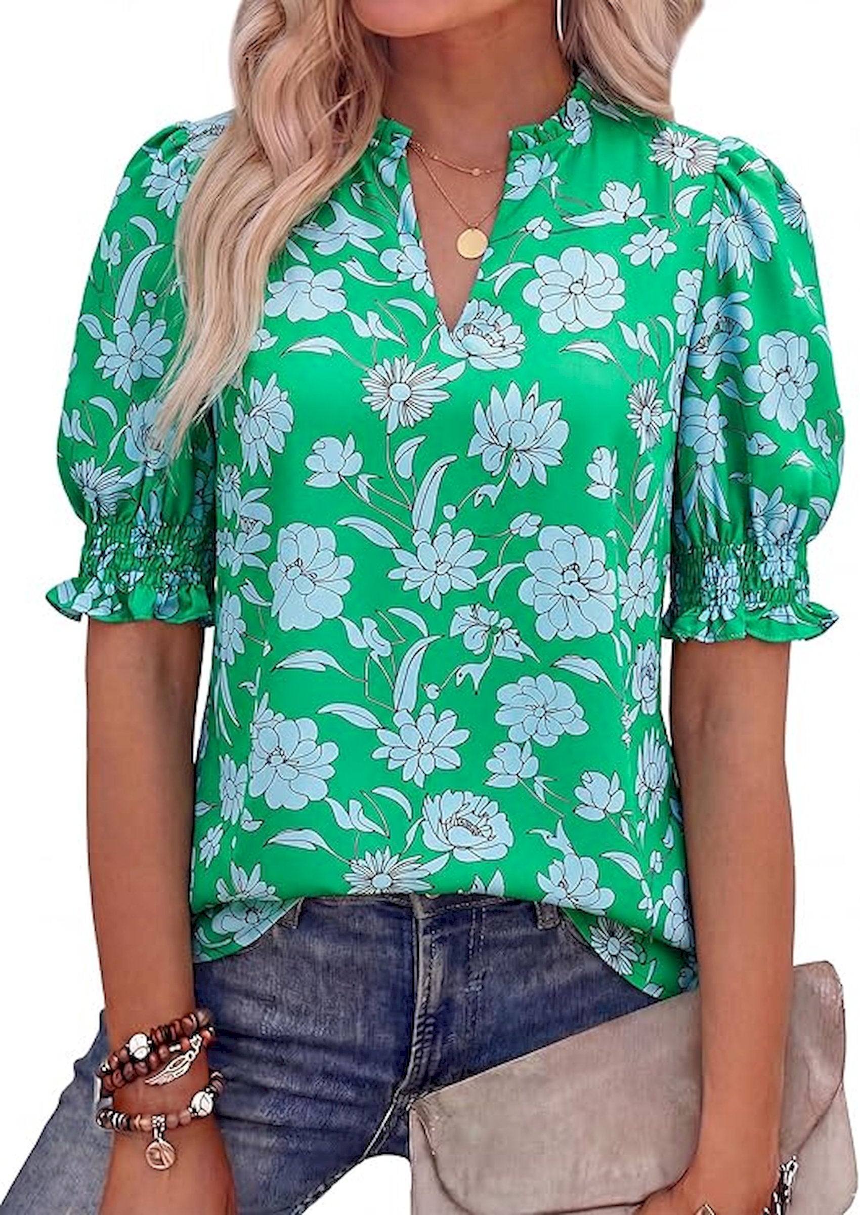 BTFBM Summer Blouses for Women Dressy Casual 2026 Fashion Spring Tops Floral Boho V Neck Puff Short Sleeve Top Shirts