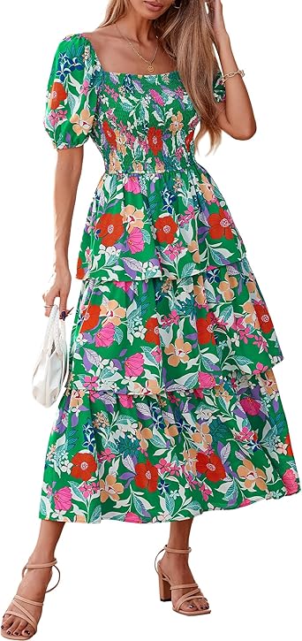 BTFBM Womens Square Neck Smocked Dress Summer Puff Short Sleeve Floral Casual Ruffle Tiered Maxi Wedding Guest Dresses