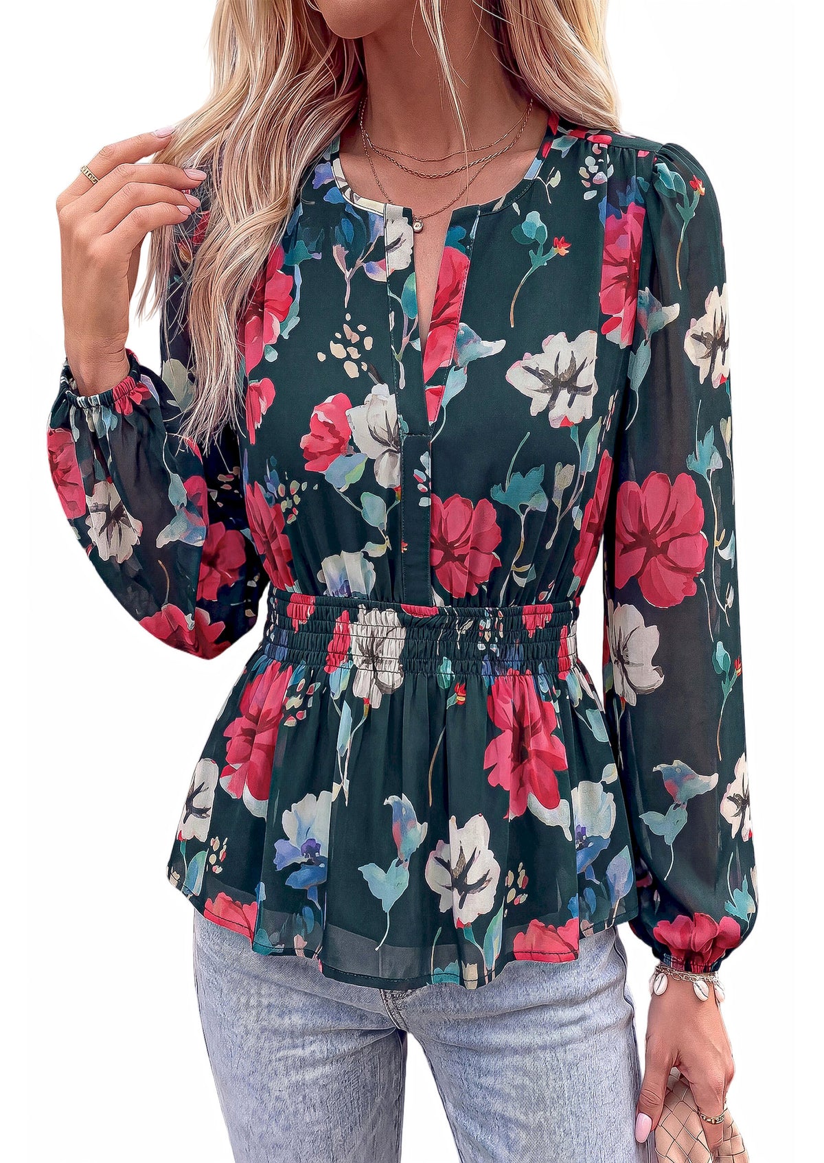 BTFBM Womens Tops Dressy Casual Floral V Neck Long Sleeve Chiffon Shirts | Chiffon Lantern Sleeve Flowy Peplum Sheer Top,Elastic Waist Babydoll Blouses,Boho Vacation Outfits,2026 Fall Fashion Clothing