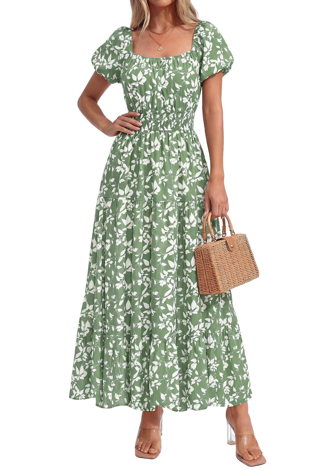 BTFBM Summer Dress For Women 2026 Spring Floral Short Sleeve Casual Flowy A-Line Smocked Tiered Maxi Dresses Pockets