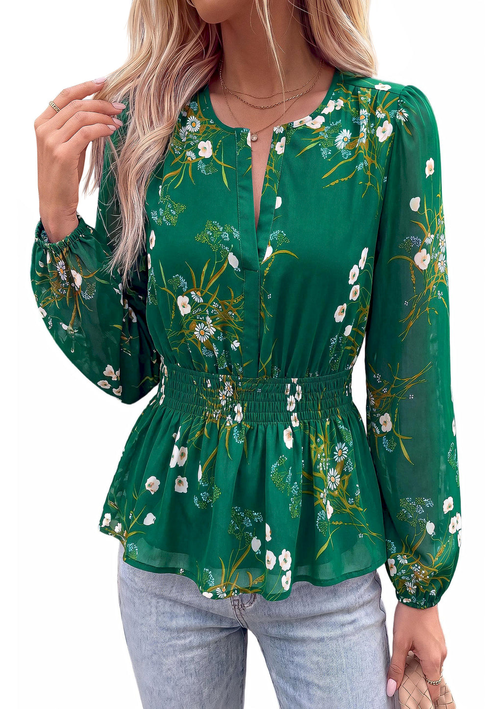 BTFBM Womens Tops Dressy Casual Floral V Neck Long Sleeve Chiffon Shirts | Chiffon Lantern Sleeve Flowy Peplum Sheer Top,Elastic Waist Babydoll Blouses,Boho Vacation Outfits,2026 Fall Fashion Clothing