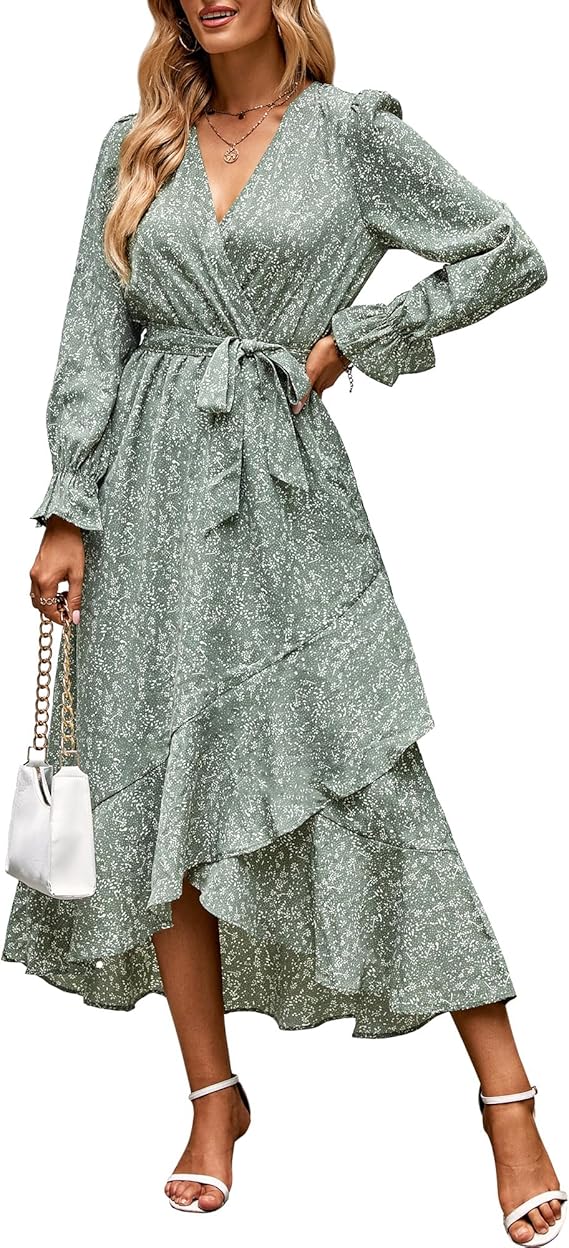 BTFBM Womens Dresses Summer 2026 V Neck Floral High Waist Ruffle Wedding Guest Cocktail Boho Spring Long Sleeve Dress