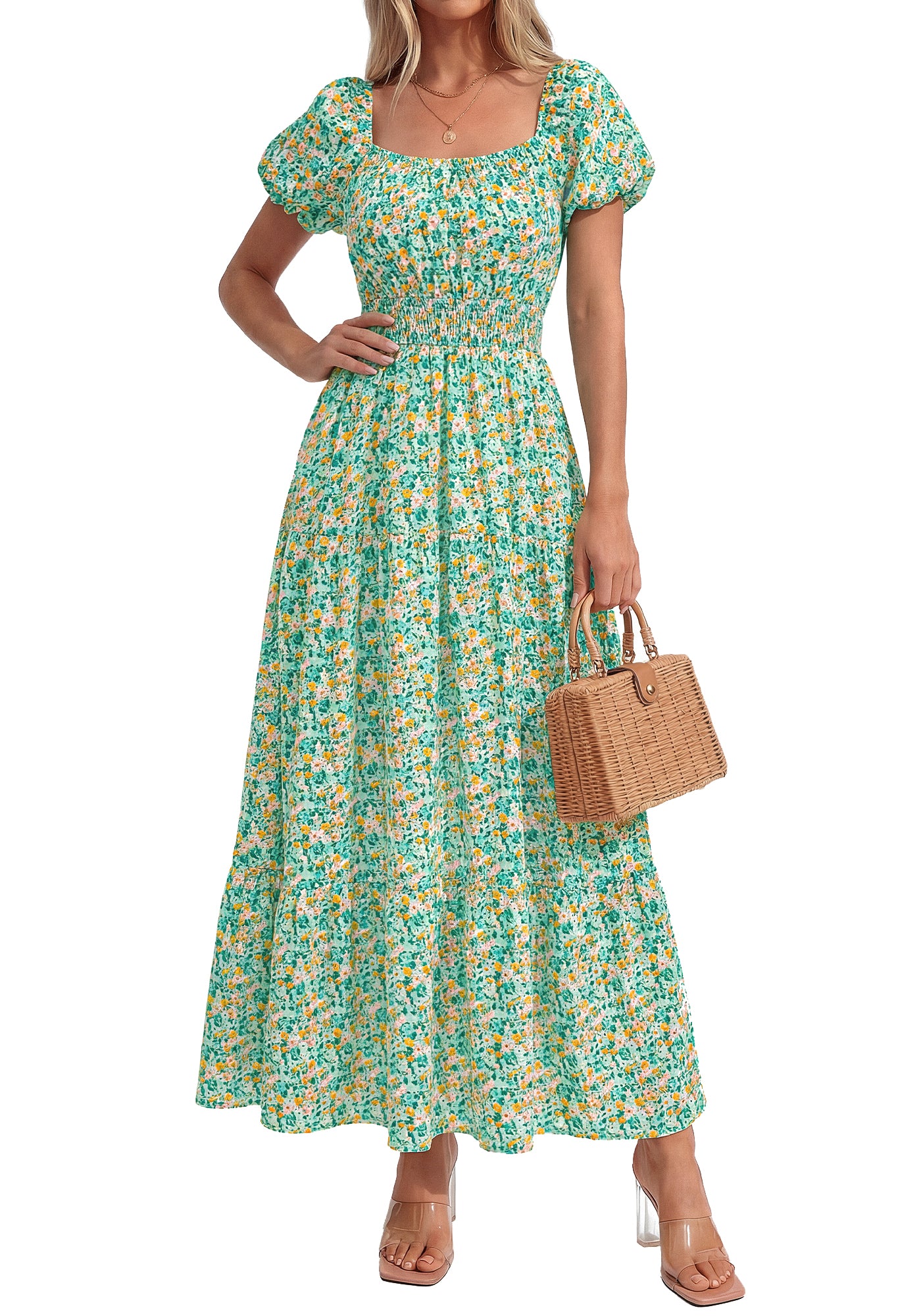 BTFBM Summer Dress For Women 2026 Spring Floral Short Sleeve Casual Flowy A-Line Smocked Tiered Maxi Dresses Pockets