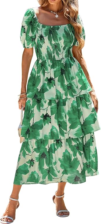 BTFBM Womens Square Neck Smocked Dress Summer Puff Short Sleeve Floral Casual Ruffle Tiered Maxi Wedding Guest Dresses