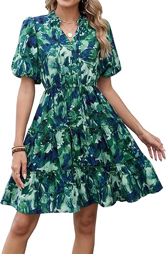 BTFBM Women Summer Floral Short Dresses V Neck Short Sleeve Tiered Ruffle Boho Swing Dress A-Line Mini Dresses