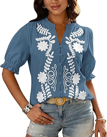 BTFBM Women's 2026 Spring Tops Casual Floral Boho V Neck Puff Short Sleeve Button Down Shirts Embroidered Blouses Tunic