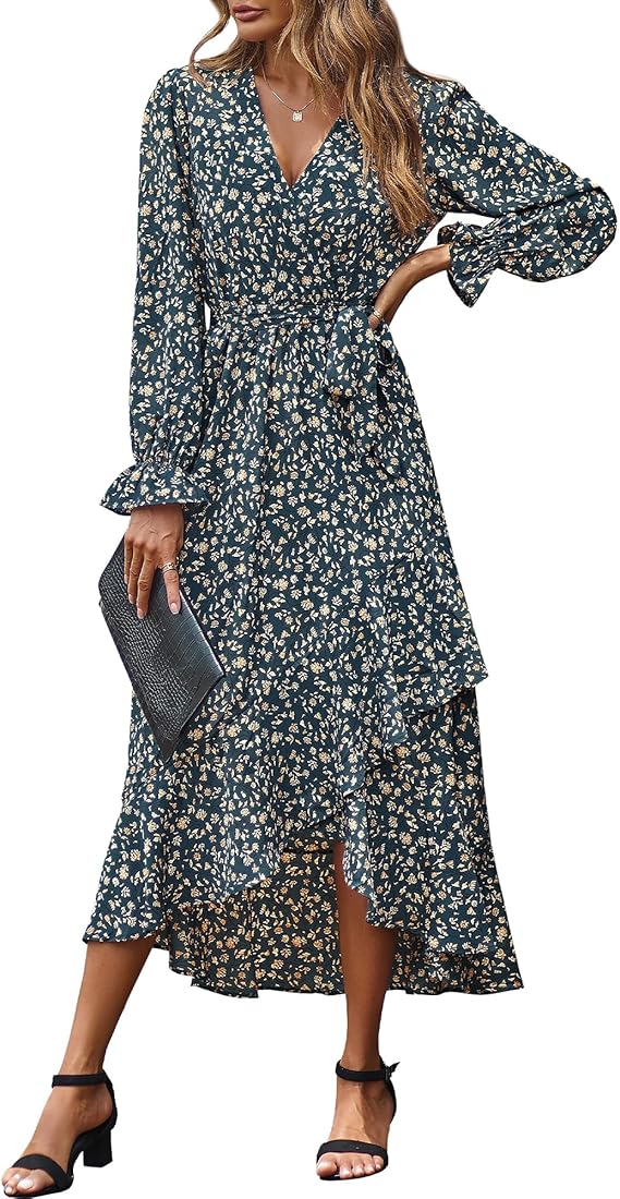 BTFBM Womens Dresses Summer 2026 V Neck Floral High Waist Ruffle Wedding Guest Cocktail Boho Spring Long Sleeve Dress