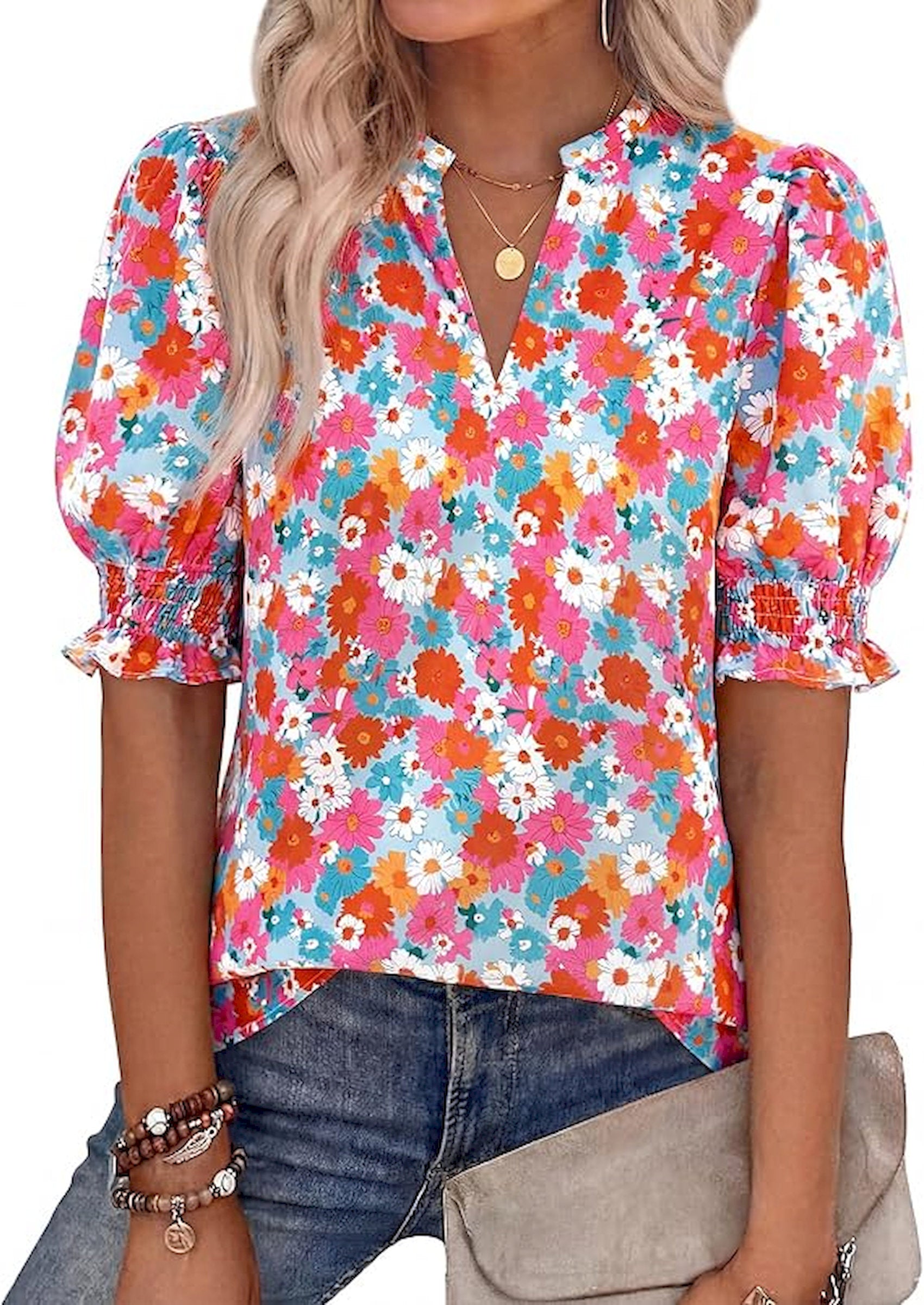 BTFBM Summer Blouses for Women Dressy Casual 2026 Fashion Spring Tops Floral Boho V Neck Puff Short Sleeve Top Shirts