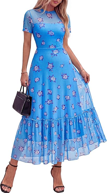 BTFBM Summer Dresses for Women 2026 Mesh Short Sleeve Floral Print Ruffle Long Boho Wedding Guest Dress Cocktail