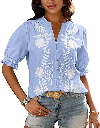 BTFBM Women's 2026 Spring Tops Casual Floral Boho V Neck Puff Short Sleeve Button Down Shirts Embroidered Blouses Tunic