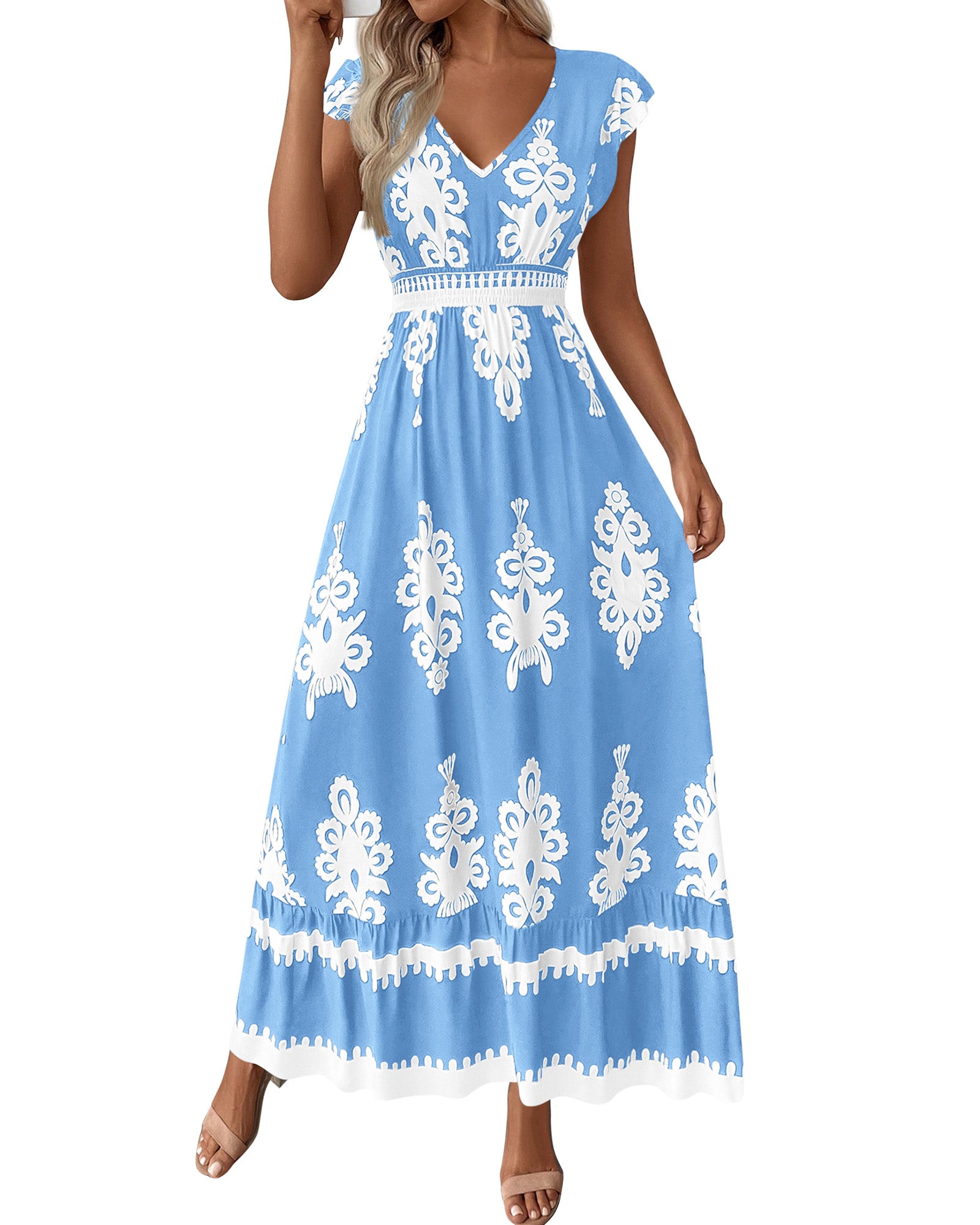 Summer Dresses for Women Beach Fashion Floral Short Sleeve V Neck Boho Long Wedding Guest Maxi Dress Spring