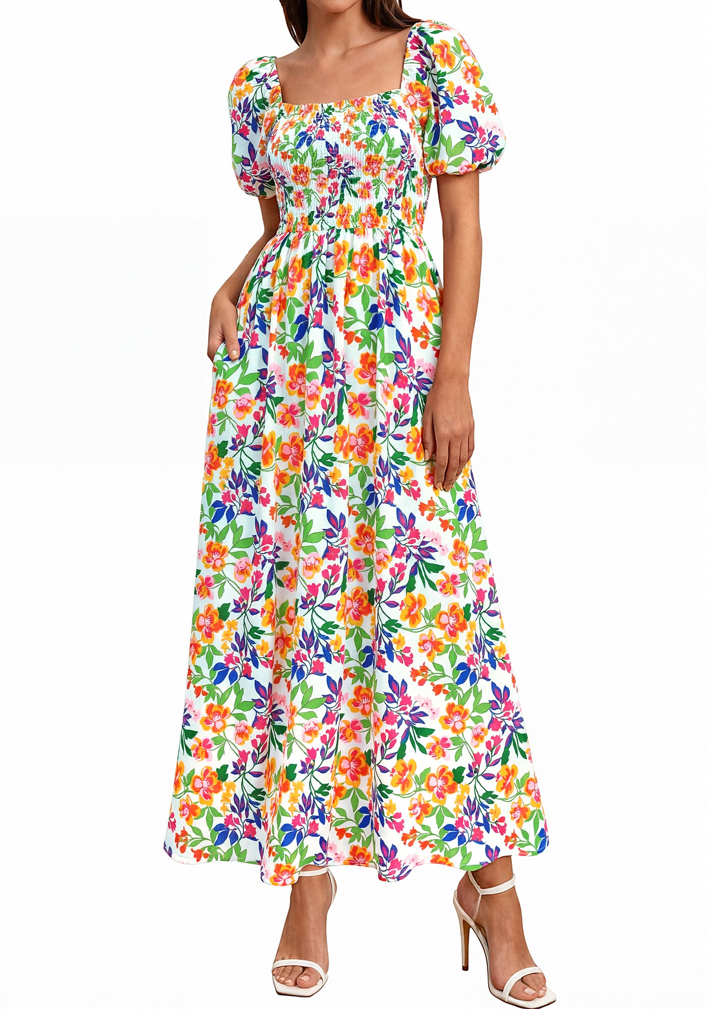 BTFBM Womens Spring Summer Dresses 2026 Square Neck Puff Short Sleeve Smocked Floral Boho Beach Wedding Guest Maxi Dress