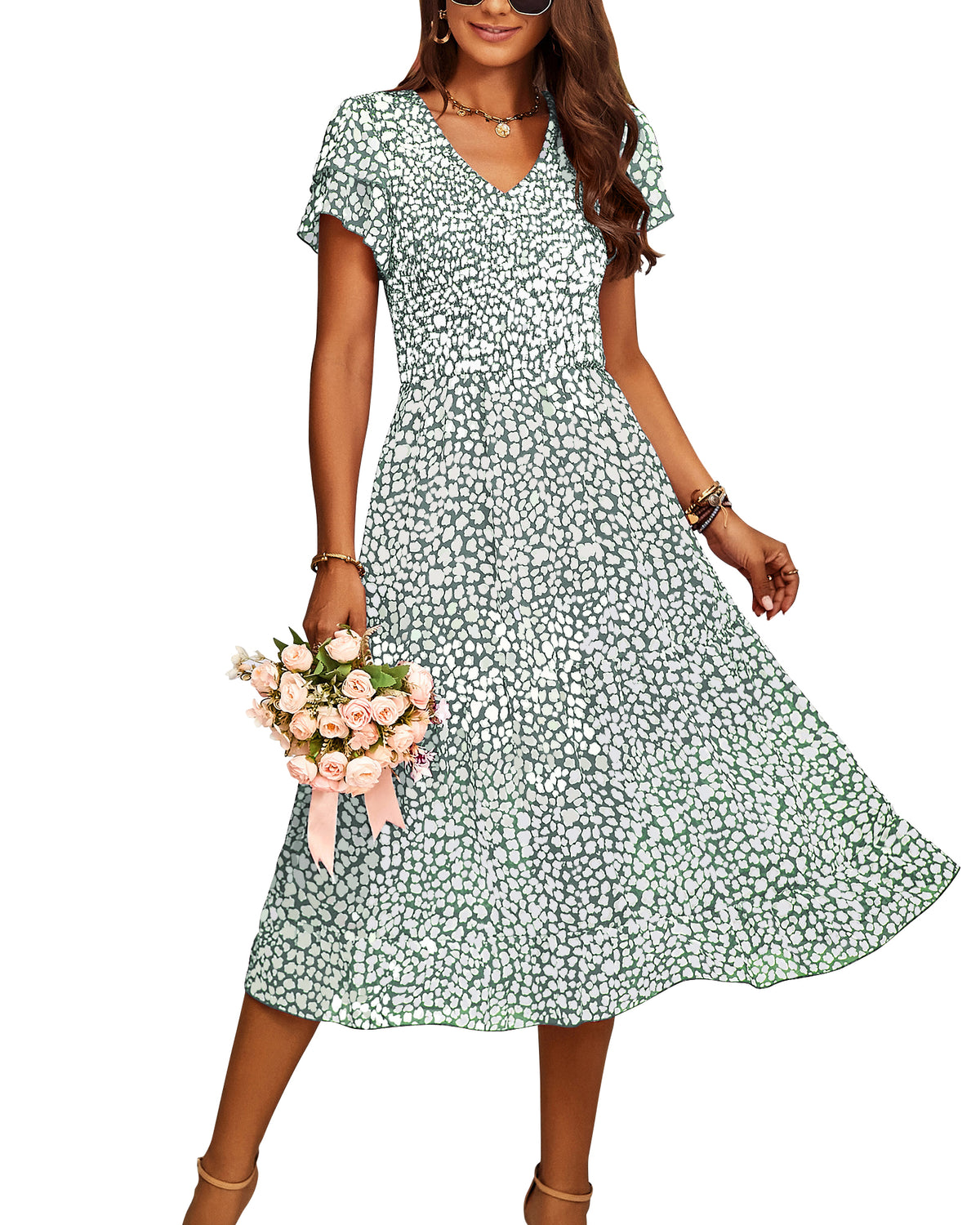 BTFBM Women Casual Summer Dresses Wedding Guest Dress  Ruffles Tiered Sleeves, Smocked,V Neck,Midi,Boho Dress,Floral,Solid,Homecoming,Cocktail,Party,Beach Vacation Clothes