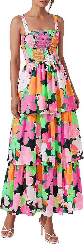 BTFBM Summer Dresses for Women 2026 Floral Spaghetti Strap Wedding Guest Dress Maxi Beach Vacation Clothes