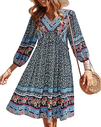 BTFBM Women Casual Spring Summer Dresses V Neck 3/4 Long Sleeve Ruffle Floral Flowy Boho Babydoll Mini Short Beach Dress