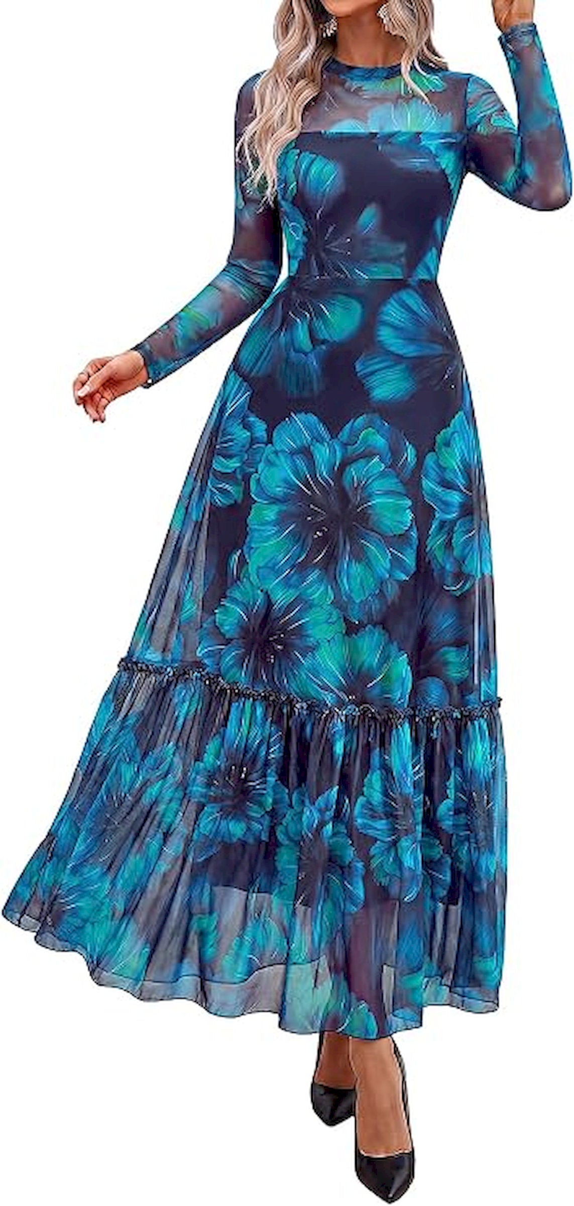 BTFBM Boho Mesh Long Sleeve Dress for Women | Mock Neck, Floral, A Line, Tiered, Baby Shower, Graduation, Wedding, Cocktail Maxi Dresses, 2026 Fall Fashion, Resort Wear