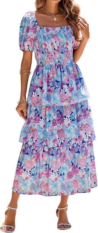 BTFBM Womens Square Neck Smocked Dress Summer Puff Short Sleeve Floral Casual Ruffle Tiered Maxi Wedding Guest Dresses
