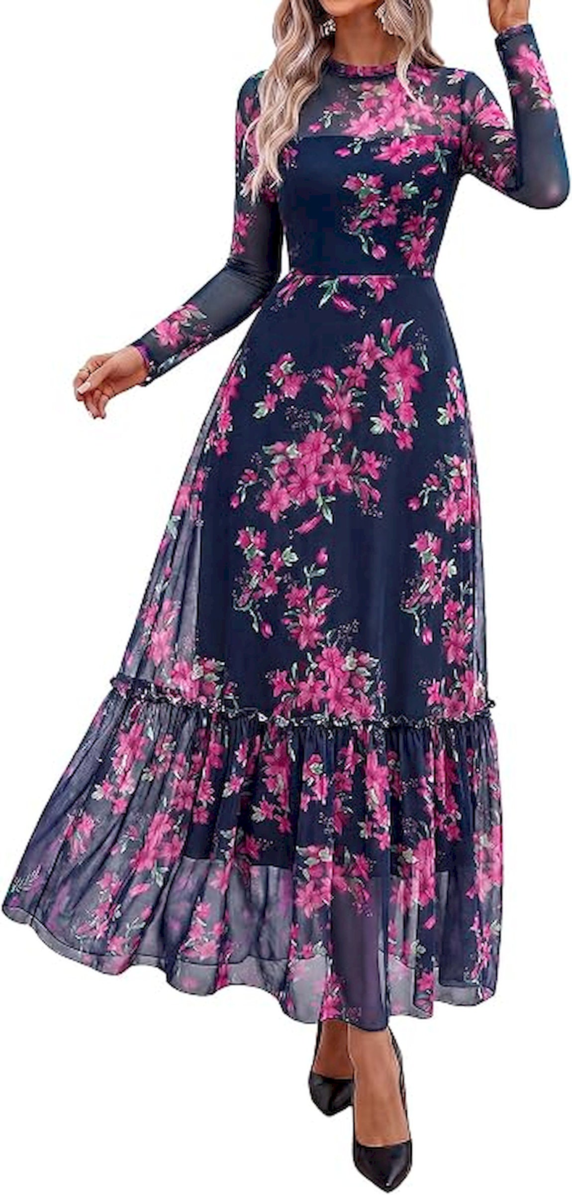 BTFBM Boho Mesh Long Sleeve Dress for Women | Mock Neck, Floral, A Line, Tiered, Baby Shower, Graduation, Wedding, Cocktail Maxi Dresses, 2026 Fall Fashion, Resort Wear