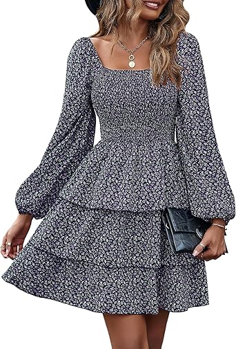 BTFBM Womens Long Sleeve Dress Vacation Square Neck Smocked Floral Swiss Dot Mini Boho Spring Wedding Guest Dresses 2026